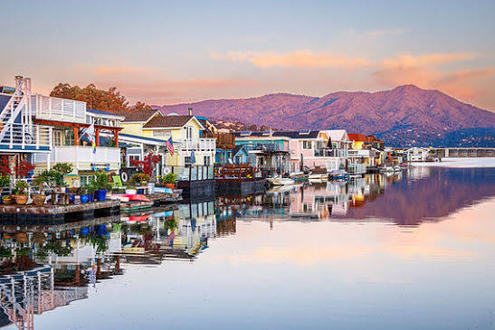 Iconic Sausalito floating homes at sunset
