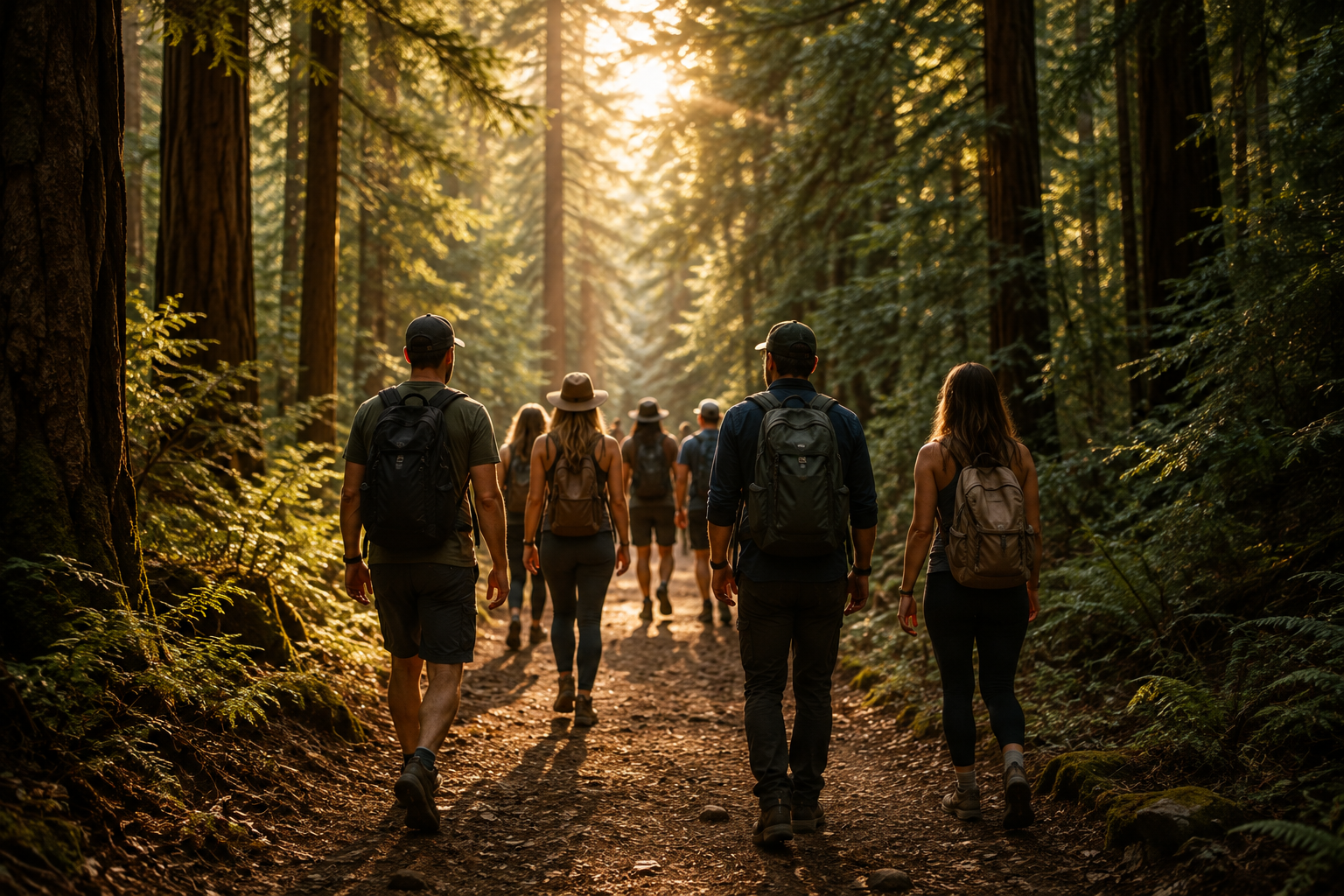 Retreat guests walking a sunlit forest trail among tall redwoods