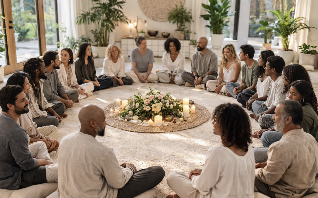 A large group seated in a circle around candles and flowers during a sacred ceremony